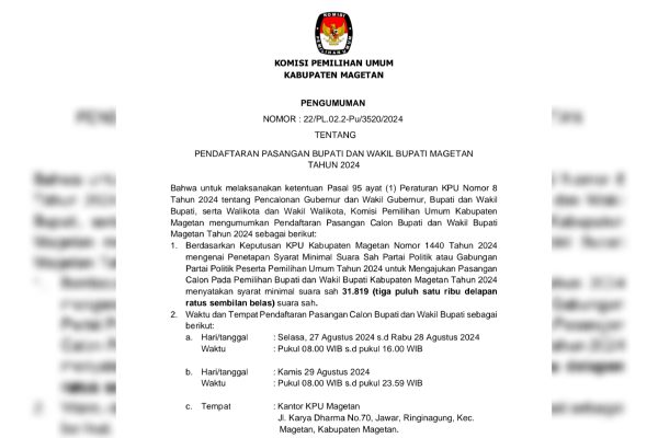 Pengumuman Pendaftaran Calon Bupati dan Wakil Bupati 2024 di KPU Magetan