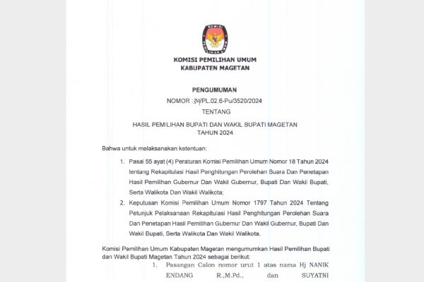 Keputusan KPU : Penetapan Hasil Pemilihan Bupati dan Wakil Bupati Magetan 2024