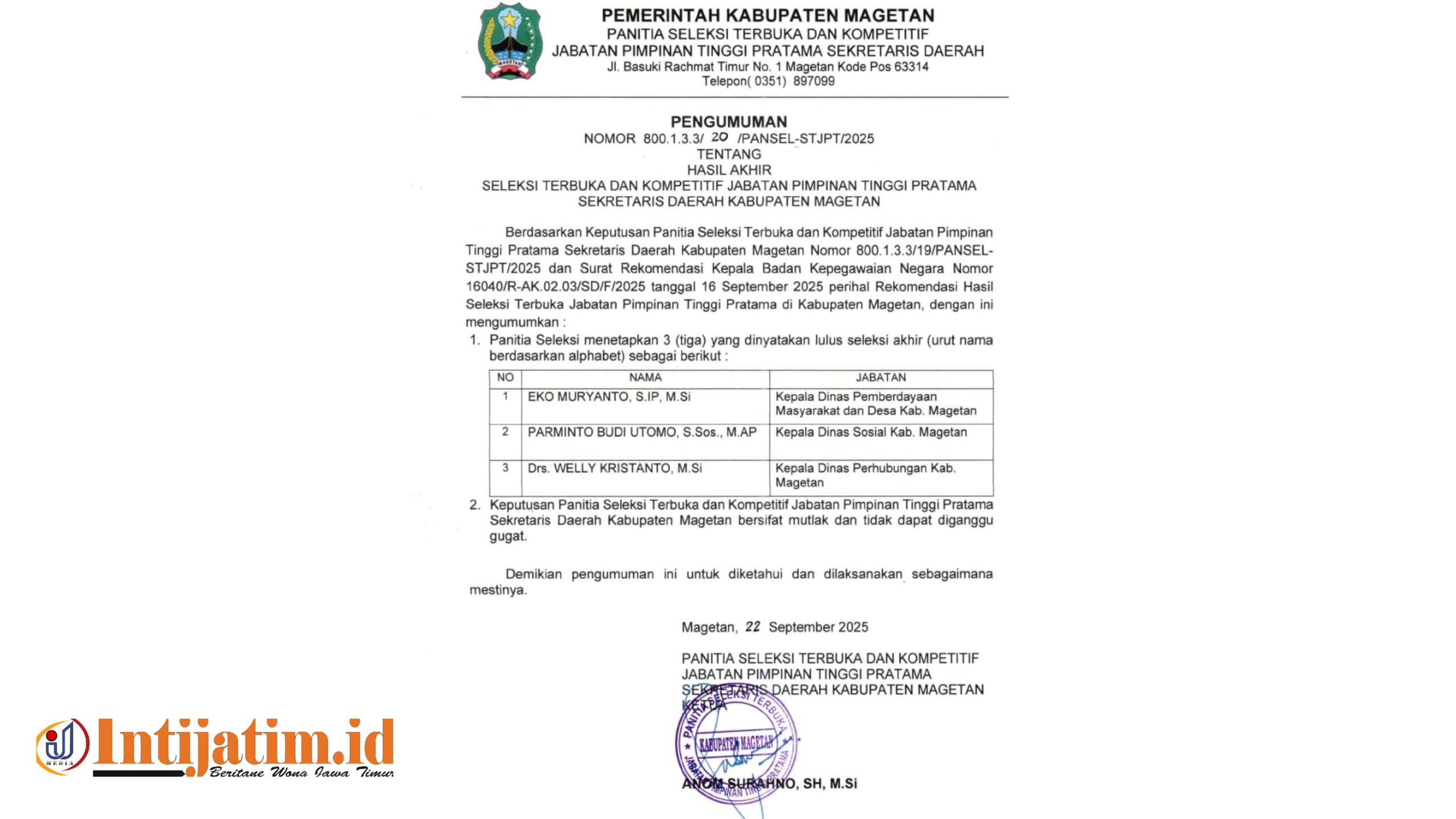 Pengumuman Calon Sekda Magetan